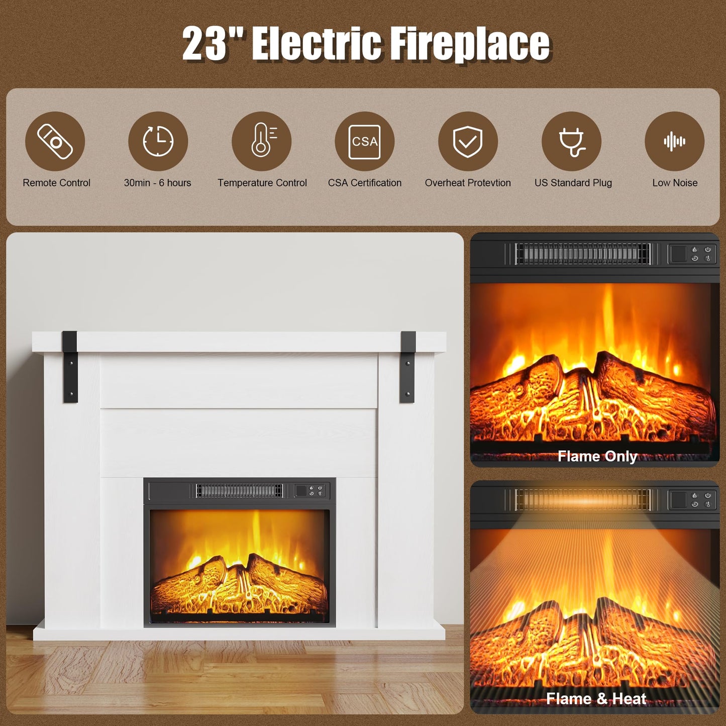 TRONLEE 46" Fireplace Mantel Cabinet, 34.7 inches Tall Includes 23" Freestanding 1400W Electric Fireplace, Remote Control, for Living Room, Study, Bedroom, 46.45W x 34.72 H(White Oak, 23'' Heater)