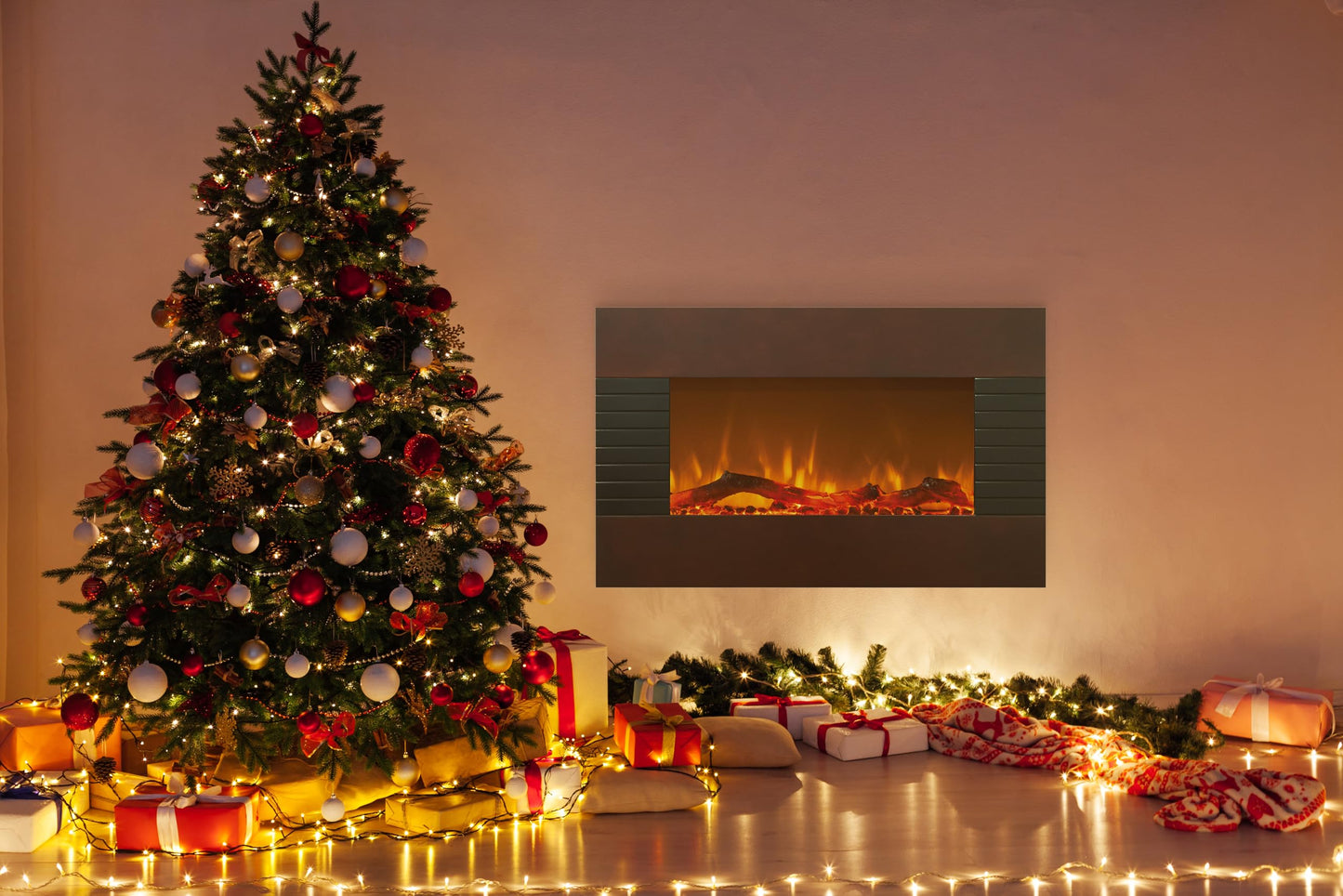 Northwest 36-Inch Electric Fireplace - Modern Mahogany Fireplace with Wall Mount, Floor Stand, Remote, and Adjustable Heat and Brightness