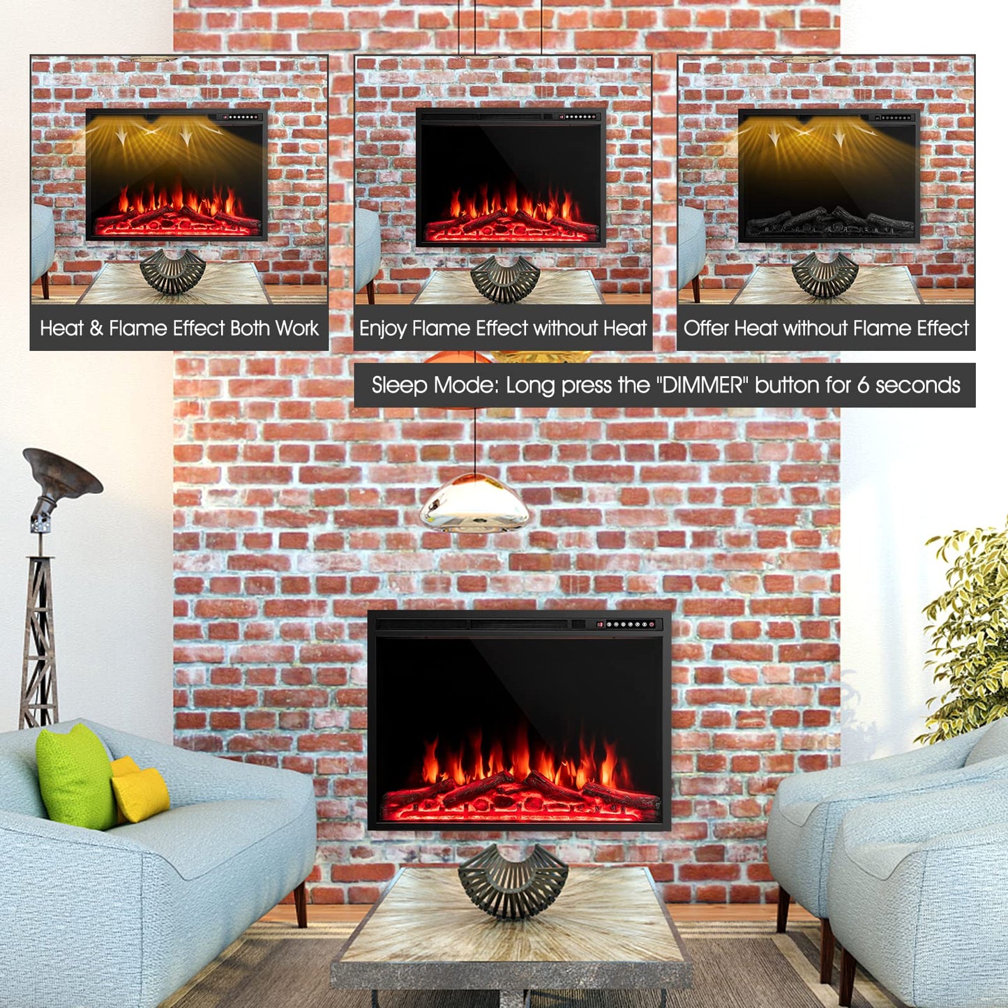 COSTWAY 37-Inch Electric Fireplace, Wall-Mounted and Recessed Fireplace Heater with 4 Flame and Log Colors, 5-Level Flame Speed and Brightness, Remote Control, 8H Timer, Overheat Protection, 1500W