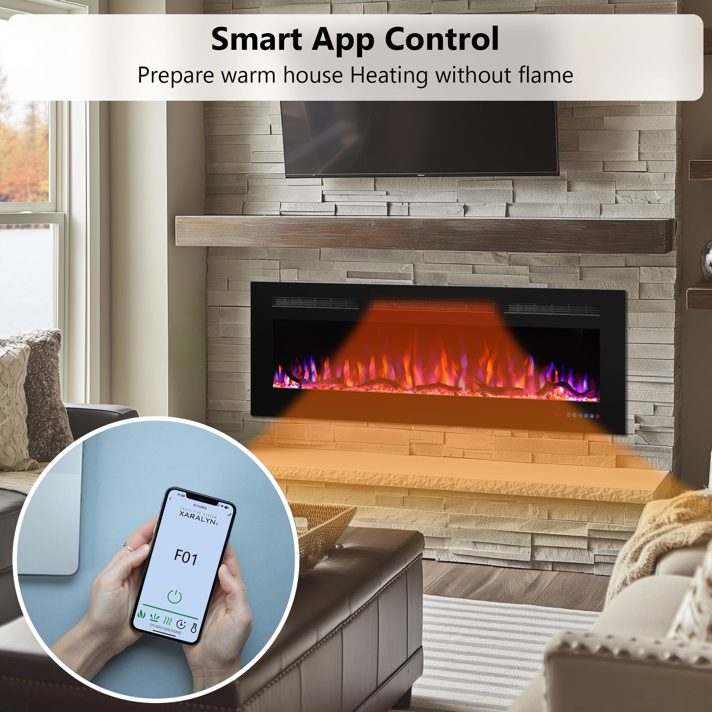 Valuxhome 36" Electric Fireplace, WiFi App Control, Wall-Mount & Recessed, 3 Flame Colors, 5 Brightness, Overheating Protection, Touch Screen, 750/1500W,Timer,Hard-Wire