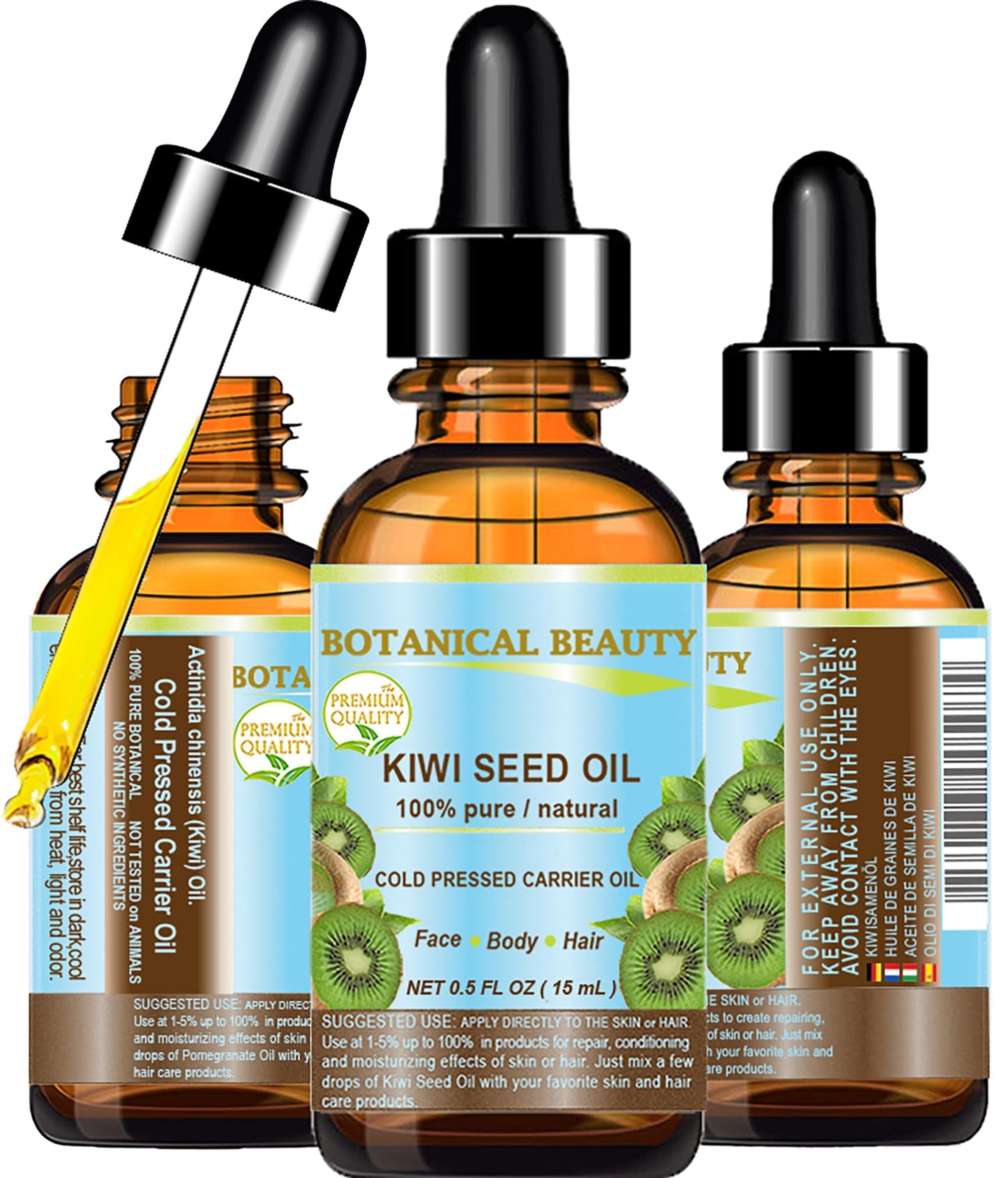 Botanical Beauty KIWI SEED OIL. 100% Pure Natural Undiluted Virgin Cold Pressed Carrier Oil 0.5 Fl.oz.- 15 ml for Face, Skin, Bo