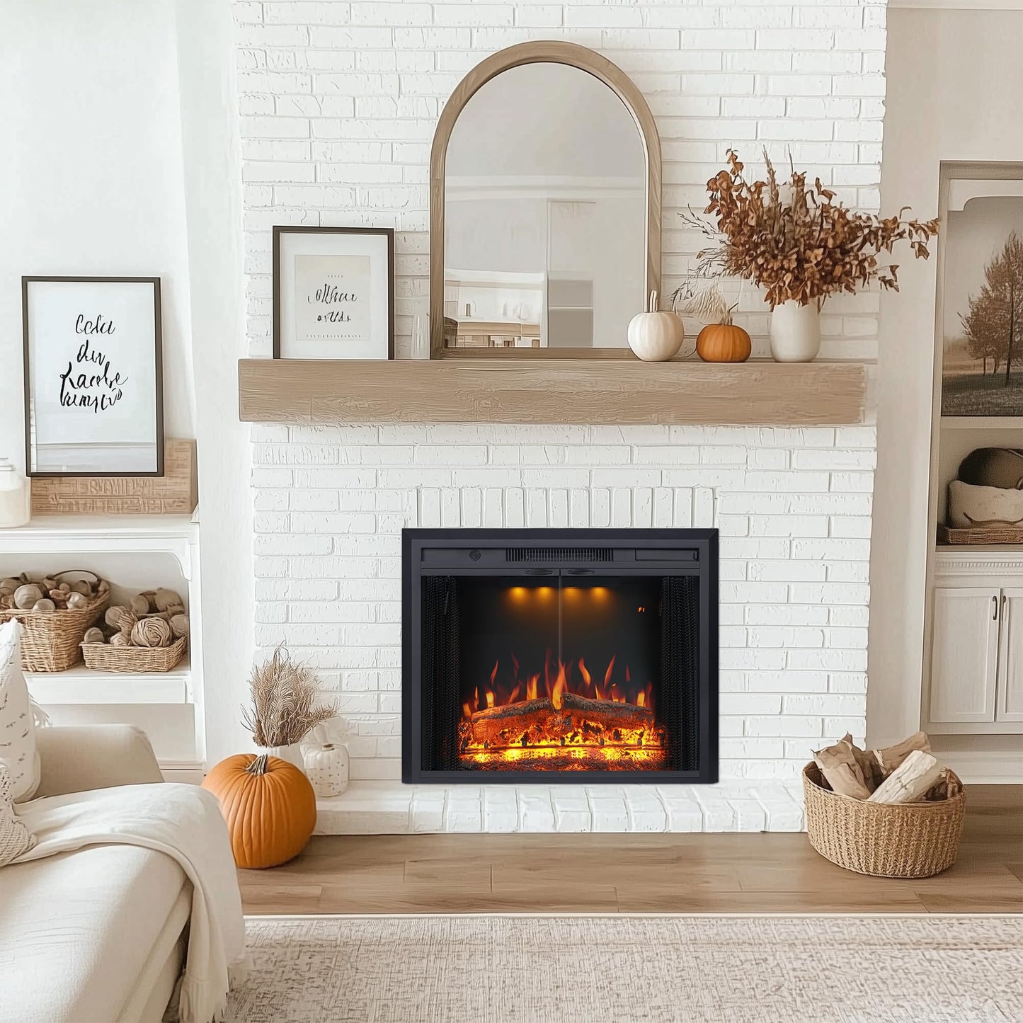 Valuxhome 35.63” W 27.5" H Electric Fireplace Insert with Low/High Temperature Settings, Movable Mesh Screen and Glass Door, 1-9H Timer, Remote and Panel Control