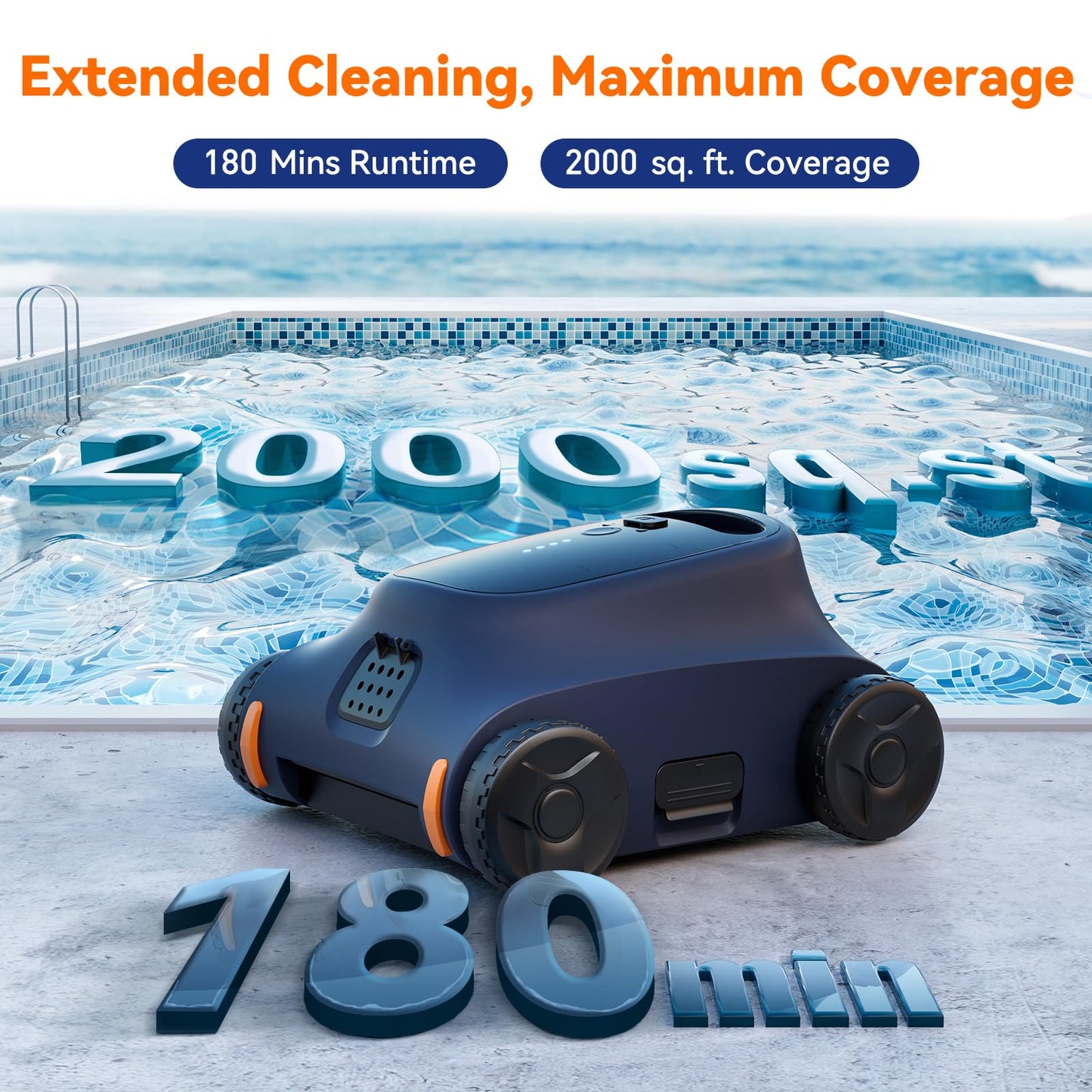 Cordless Pool Vacuum for Above Ground Pool, Robotic Pool Cleaner for Floor Cleaning, 130 Min Runtime, Powerful Suction, Self-Parking, Above Ground Pool Vacuum for Inground Pools up to 1291 Sq.ft