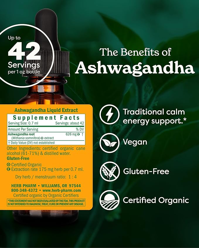 Herb Pharm Certified Organic Ashwagandha Extract for Energy and Vitality, Grain, Organic Cane Alcohol, 1 Ounce