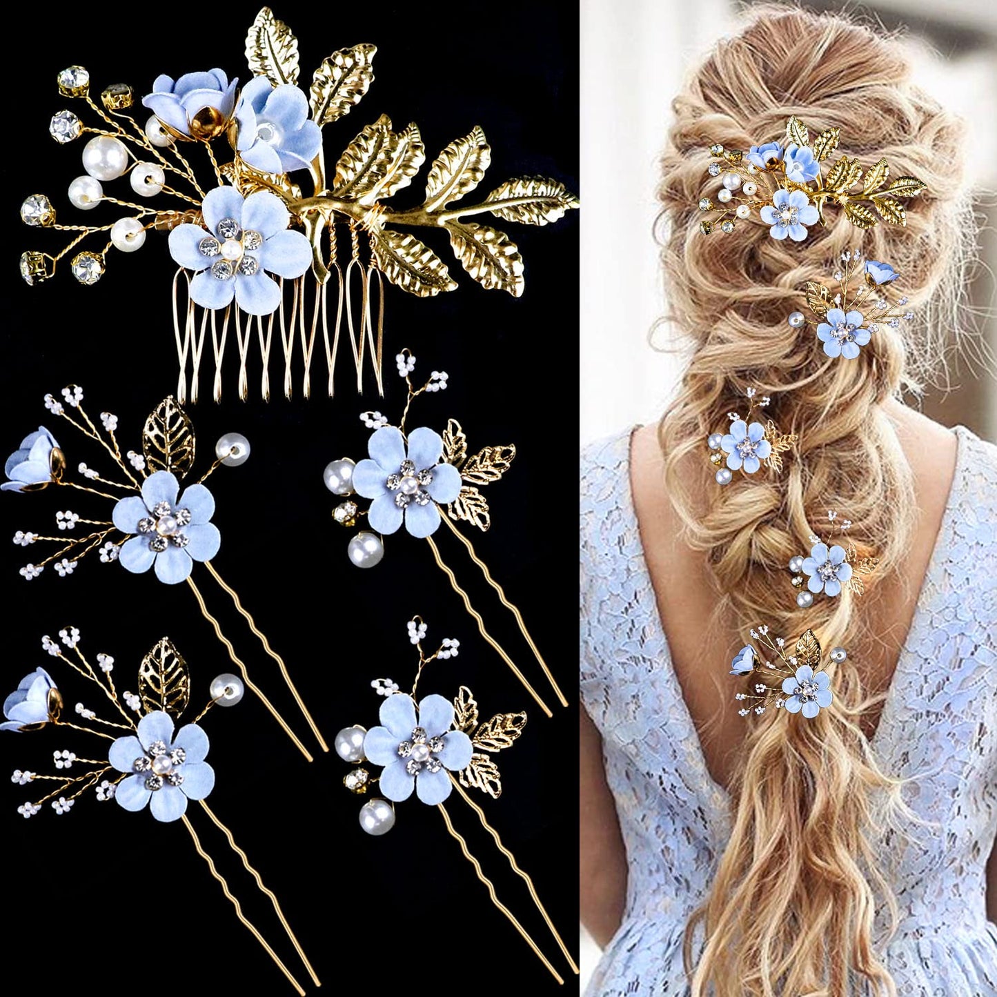 5 PCS Bridal Flower Wedding Hair Pins Crystal Pearl Hair Clips Headpiece Gold Wedding Hair Accessories Jewelry with Rhinestone for Brides Bridesmaids Women Girls Updo, Special Cream Blue