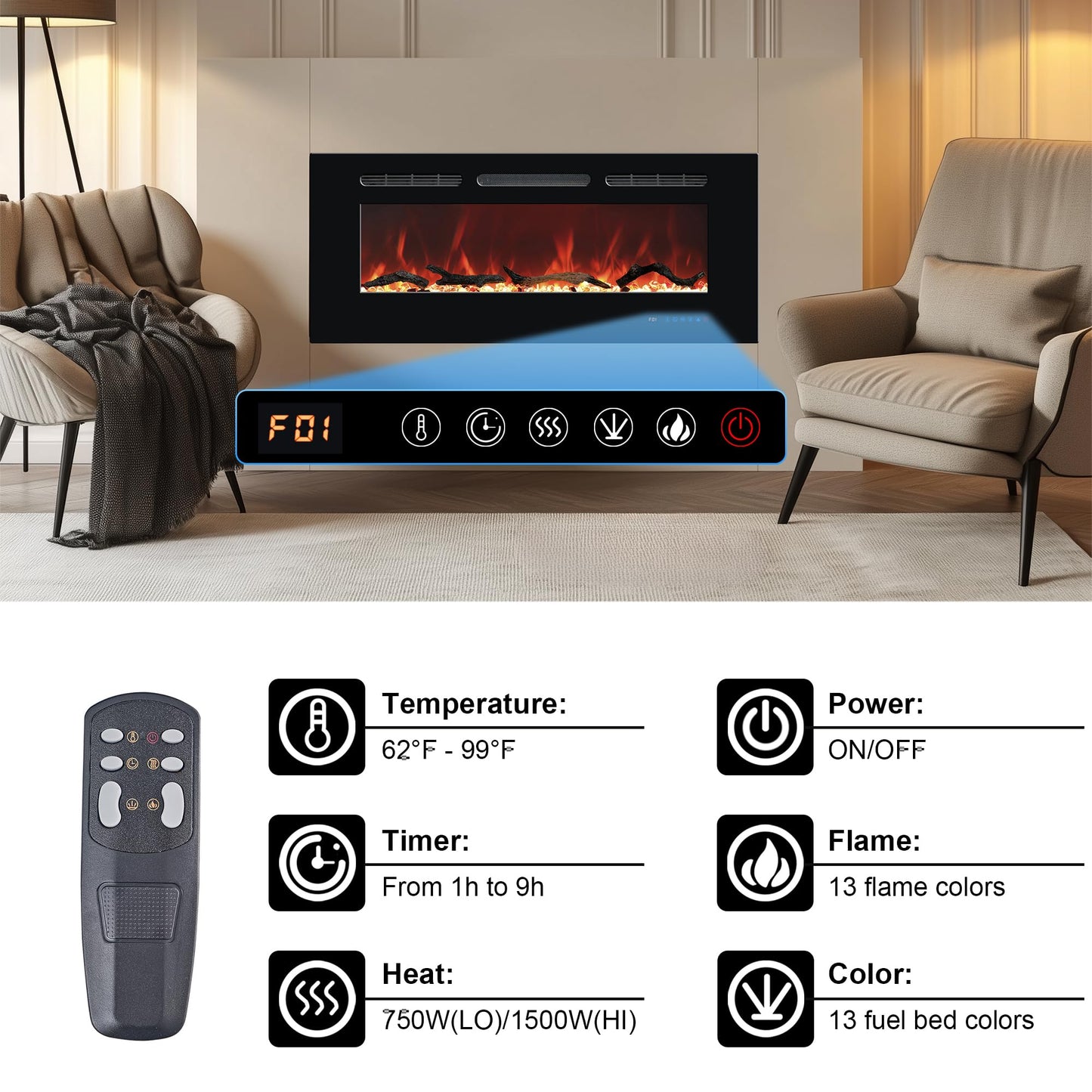 Carsynflame Electric Fireplace 65 in, Wall Mounted & Recessed Electric Fireplace Inserts, Remote & Touch Screen Control, 169 Flame Color Combinations, Timer& Thermostat Fireplace Heater, 1500W, Black