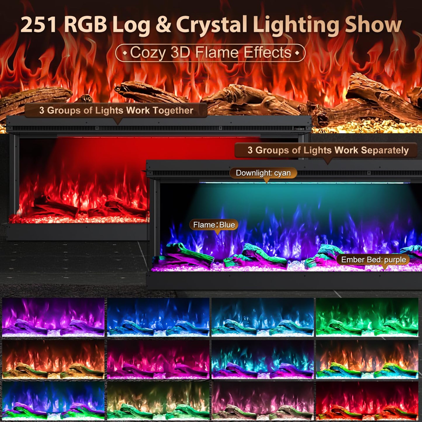 3 Sided Electric Fireplace, 60 inch Smart WiFi Fireplace Inserts, Mounted Eletric Fire Place Heater with 251 RGB LED Flame Colors, Remote Control, Log, Crystals, Black