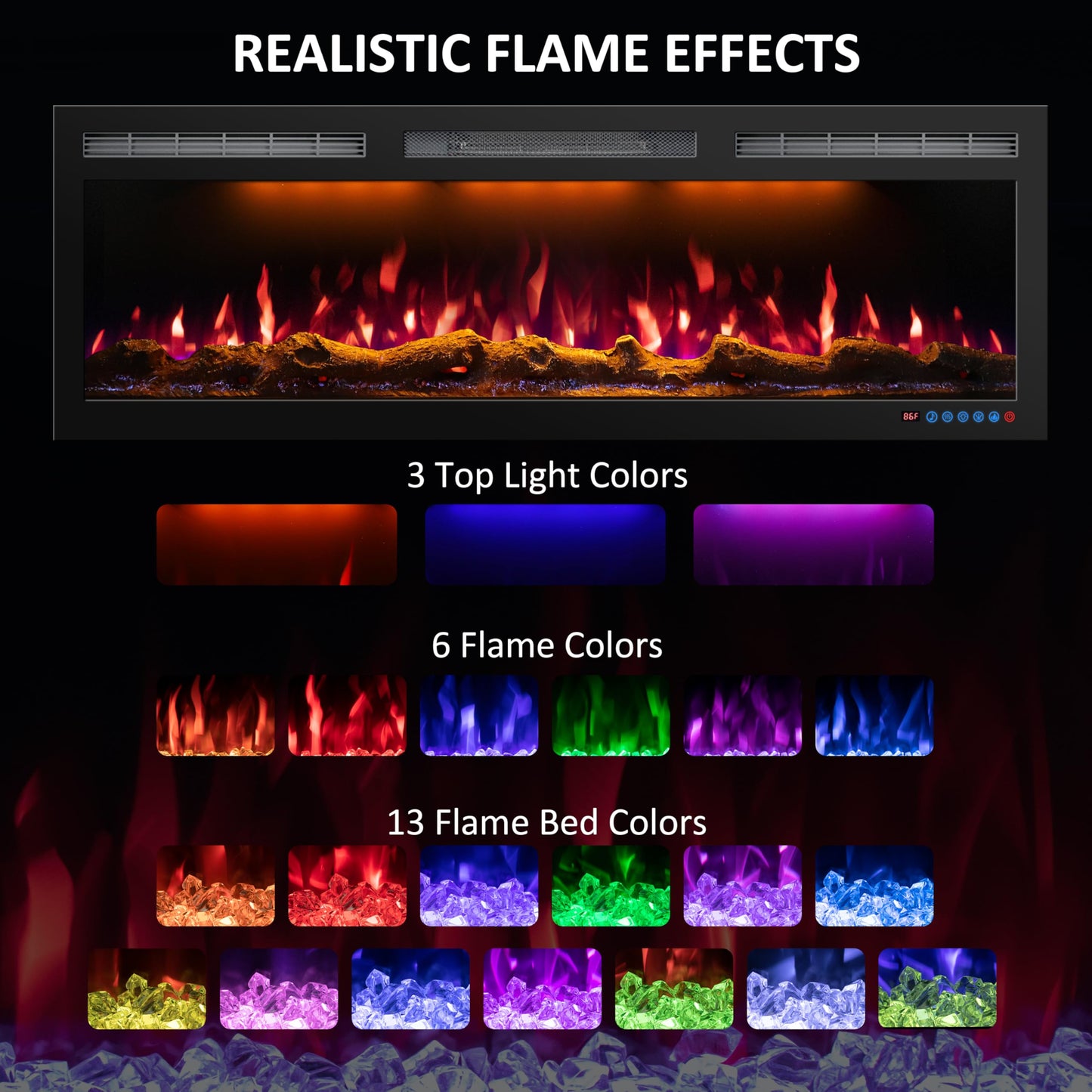 Mystflame 95 Inch WiFi-Enabled Electric Fireplace Inserts & Wall Mounted, Slim Electric Fireplace Heater, 750/1500w, Adjustable Flame Color, Remote Control & Touch Screen, Logs & Crystals, Black