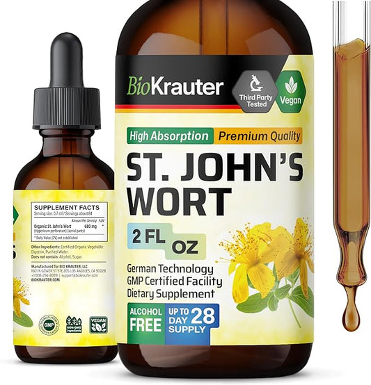BIO KRAUTER St John's Wort Tincture - Hypericum Perforatum Liquid Extract for Mood Support - High Absorption - Vegan Drops 2 Fl.Oz.