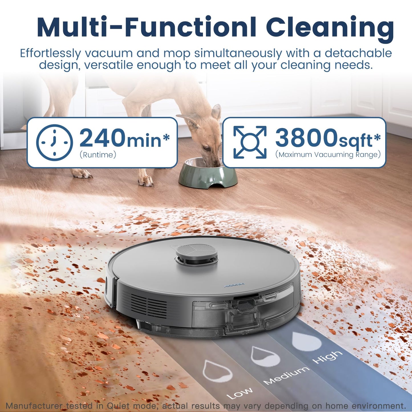 AIRROBO T25+ Robot Vacuum and Mop Combo, 5500Pa Suction, Pet Area Smart Boost, Carpet Detection, Tangle-Free Brush, LDS Mapping, APP Control, 3.5L Self-Empty Bin for Hard Floors, Carpets, Pet Hair
