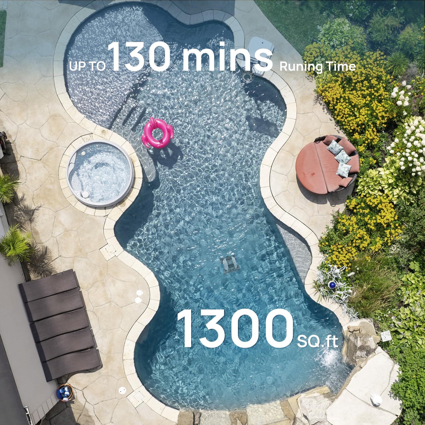 Cordless Robotic Pool Vacuum, Above Ground Pool Vacuum,Powerful Suction&130mins Running Time,6600mAh Battery, Ideal for Flat Above Pools Up to 1300 Sq.ft
