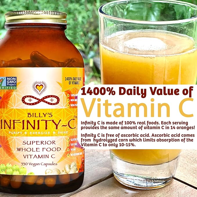 Infinity-C Organic Vitamin C Capsules, Bioavailable VIT C from Acerola, Camu Camu & Amla, Whole Food Vitamin C 1000mg, Immune Support Superfoods, Shilajit, Astragalus Root & Ginger (30 Servings)