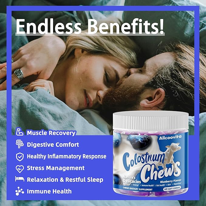 Bovine Colostrum Chews Supplement with probiotics for Gut Health, Bloating, Immune Support, Skin, Hair Growth and Beauty - Blueberry Flavor (60 Servings)