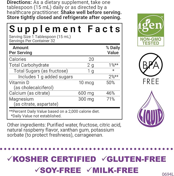 Bluebonnet Bluebonnet Nutrition Liquid Calcium Citrate Magnesium Citrate, Vitamin D3, Bone Health, Gluten Free, Soy free, milk free, kosher, 32 Servings, Raspberry Flavor, 16 Fl Oz (Pack of 1)