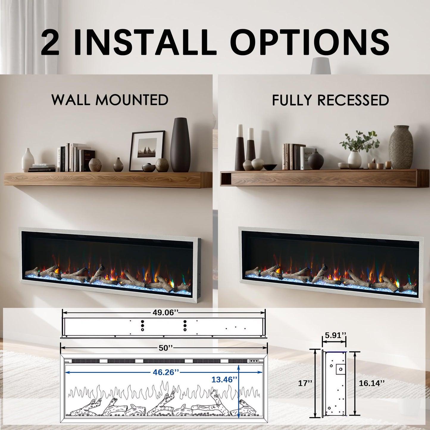 Unineo 50 Inch Electric Fireplace w/Aluminum Frame, Hidden Air Vents Design, Recessed and Wall Mounted Fireplace Heater w/Thermostat, 12×13×5 Realistic Flame, Visual Remote, Log and Crystal, Siliver