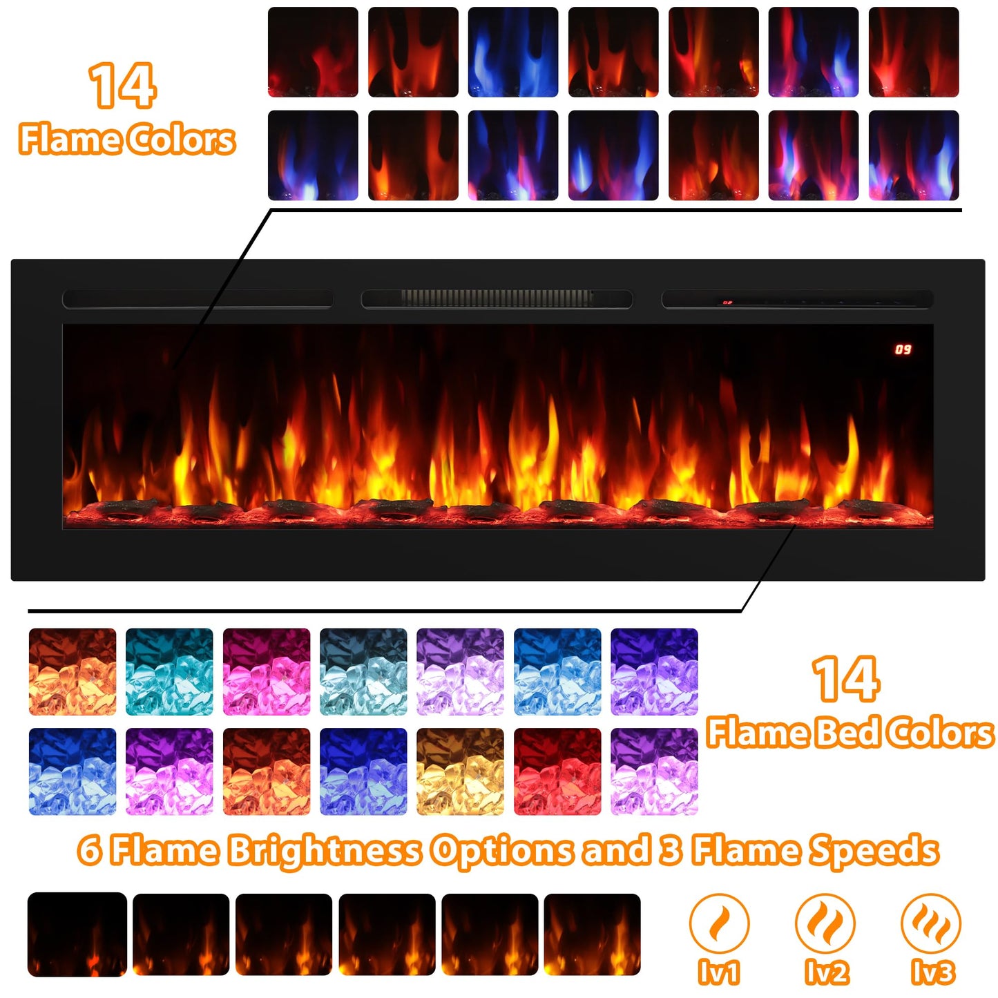 Oxhark Flame 54 Inches Electric Fireplace, Freestanding & Wall Mounted & Recessed, Electric Fireplace Heater with Remote Control, 196 Flame Combinations, 6 Levels Brightness, Timer, Black, 1500W/750W
