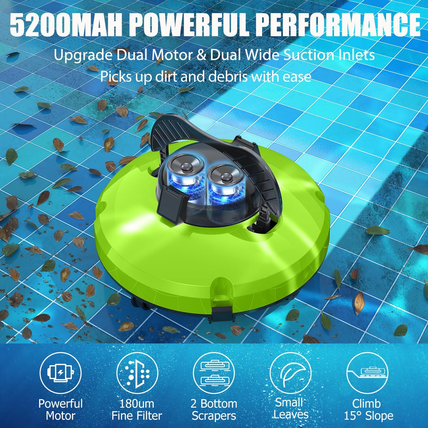 Pool Vacuum for Above Ground Pool Robot, Cordless Robotic Pool Cleaner for In - Ground Flat Pools up to 1000 Sq.Ft, Automatic Robot Pool Cleaner with Self - Parking Tech 120 Mins