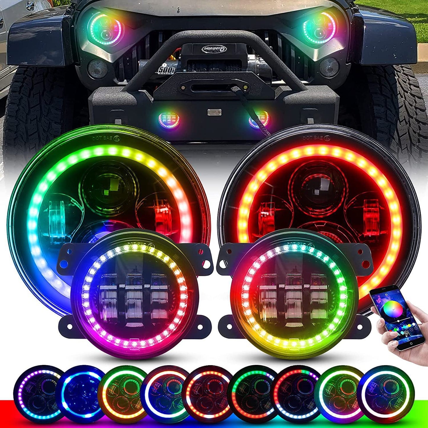 ZiopGTob 7" Inch RGB Halo Headlights & 4" Fog Lights Combo Headlamp Assembly Dual Controlled RGB Light Kits Compatible with 2007-2018 Jeep Wrangler JK JKU