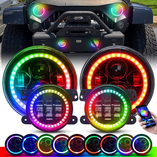 ZiopGTob 7" Inch RGB Halo Headlights & 4" Fog Lights Combo Headlamp Assembly Dual Controlled RGB Light Kits Compatible with 2007-2018 Jeep Wrangler JK JKU