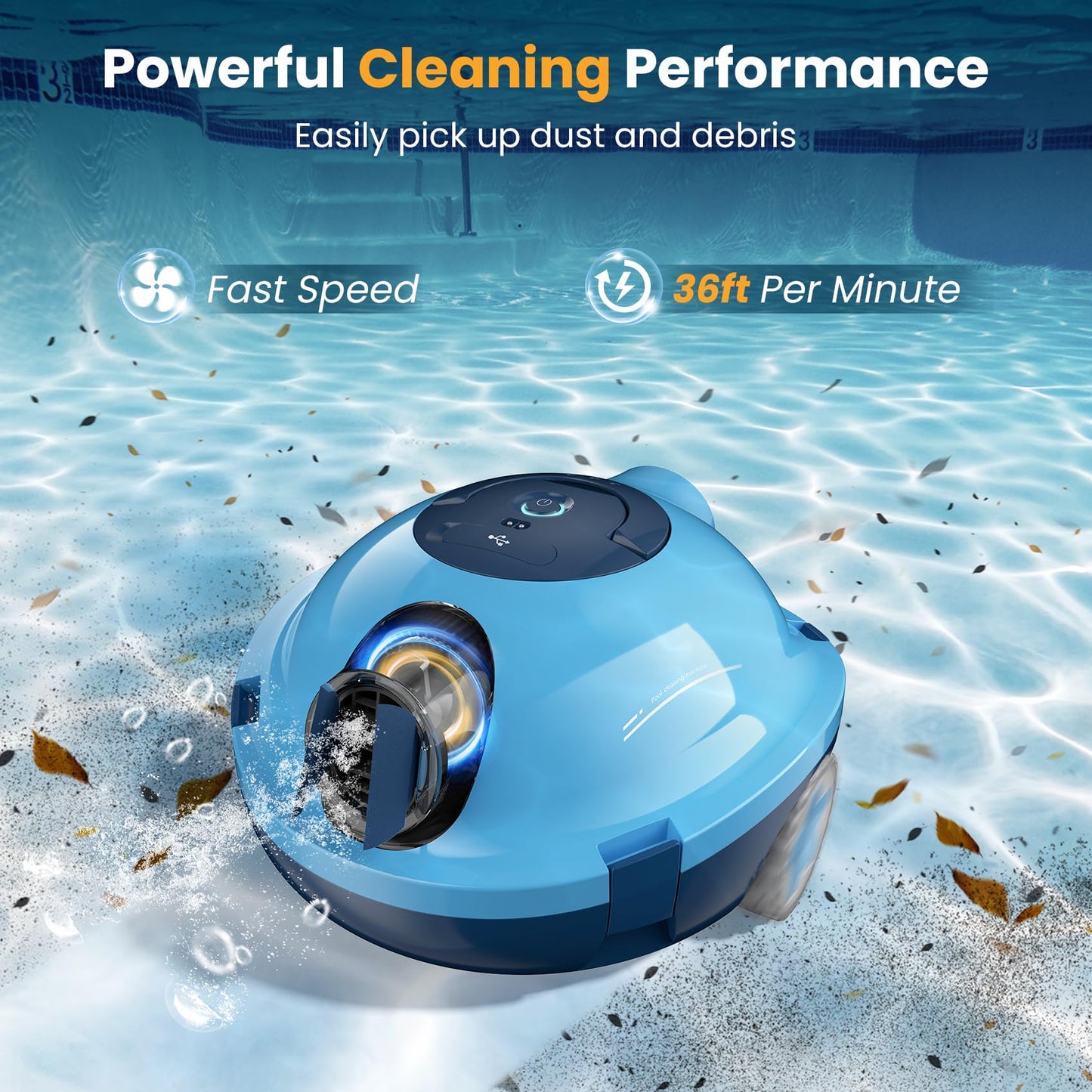 OUCAXIA Y10 Cordless Robotic Pool Cleaner Automatic Vacuum - 90 Mins Runtime, Powerful Suction, Self-Parking, Lightweight for Above/Inground Pools Up to 65ft/1100 Sq.Ft, Lakeblue