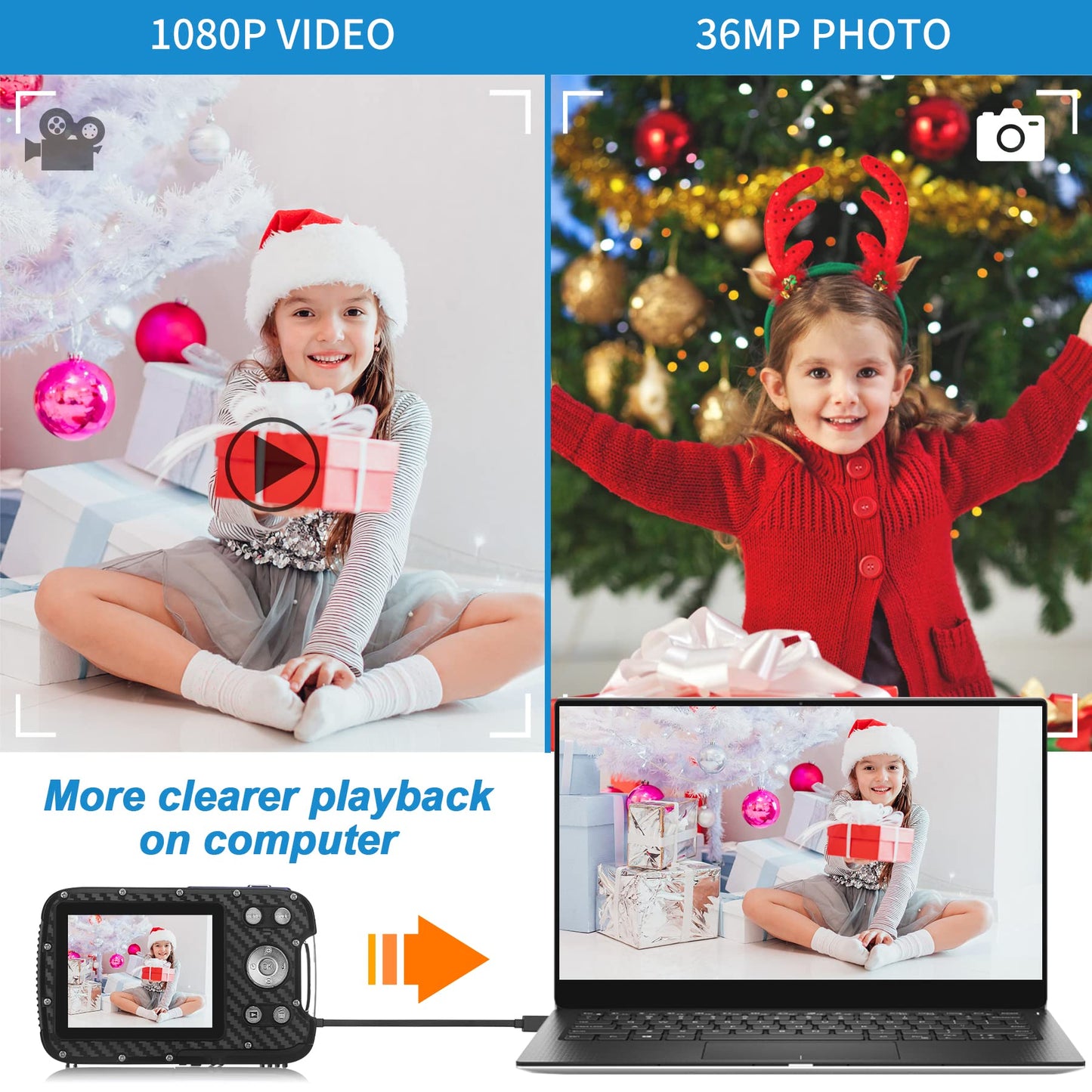 Waterproof Digital Camera with 32GB Card HD 1080P 36MP Underwater Digital Camera for Kids Teens Students Boys Girls(Red)