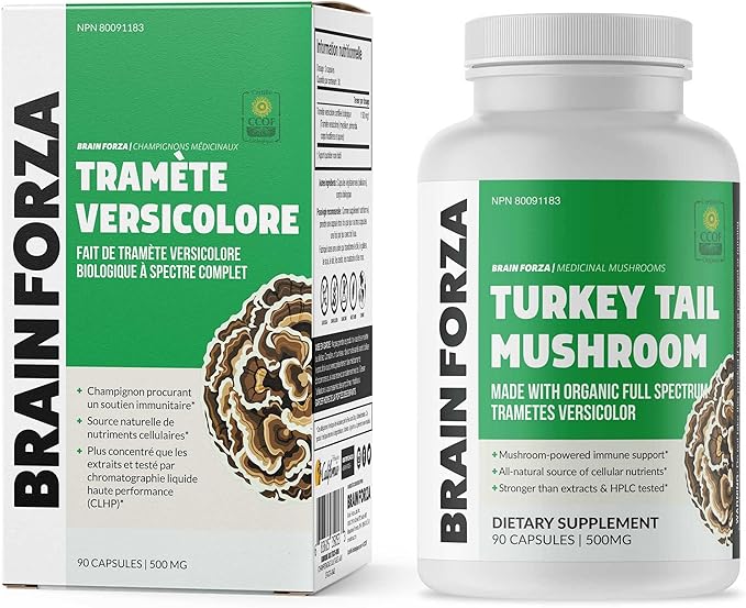 Brain Forza Organic Turkey Tail Mushroom Capsules, Mushroom Powdered Immune Support, Liver and Digest Health Support, Organic Defense Support, Non-GMO, Vegan, Organic, 90 Capsules