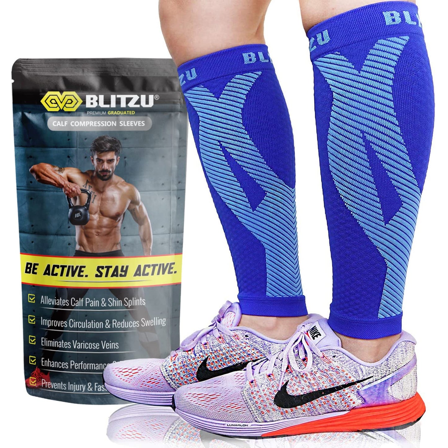 BLITZU Calf Compression Sleeves for Men and Women. Footless Compression Socks Support for Varicose Vein, Nursing, Running. Leg Sleeve Brace for Shin Splints, Pain Relief & Reduces Swelling Blue S-M