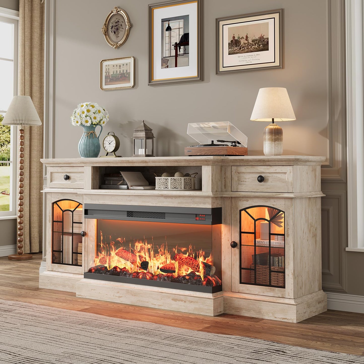 QUW 70" Farmhouse Fireplace TV Stand for TVs up to 80", Entertainment Center with 36" 3-Side Glass Electric Fireplace with Open Shelf and Cabinet, TV Console for Living Room, Antique Brush Grey