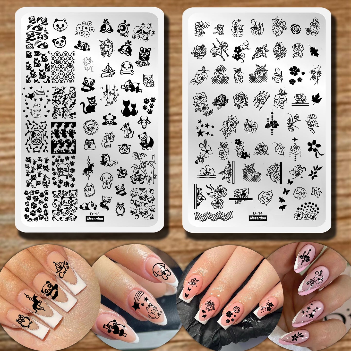 2pcs Floral Animal Unicorn Series Nail Stamping Template - Plants, Cute Cat Panda Fox Manicure Nail Art Image Plate - Flowers, Print Stencil
