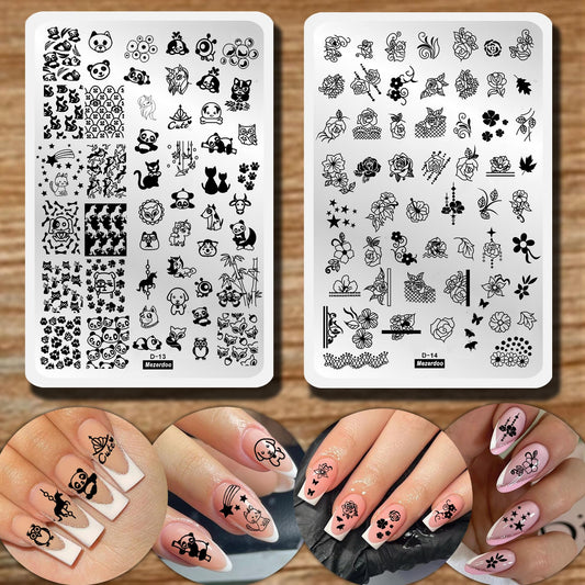 2pcs Floral Animal Unicorn Series Nail Stamping Template - Plants, Cute Cat Panda Fox Manicure Nail Art Image Plate - Flowers, Print Stencil