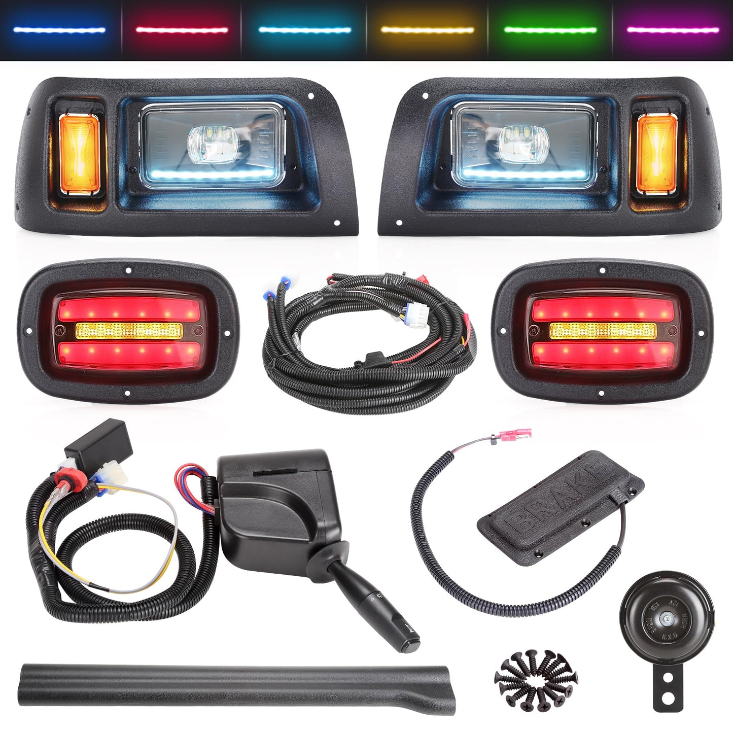 10L0L Deluxe Golf Cart Light Kit for Club Car DS 12V-60V, Full Headlight Taillight Kit with RGB Daytime Running Lamp Low High Beam Turn Signal Horn Brake Pad Hazard Blinker