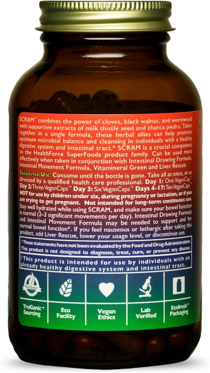 HealthForce SuperFoods Scram - Herbal Supplement with Milk Thistle, Wormwood & Black Walnut - Digestion Support Capsules - 150 Vegan Capsules (Pack of 3)