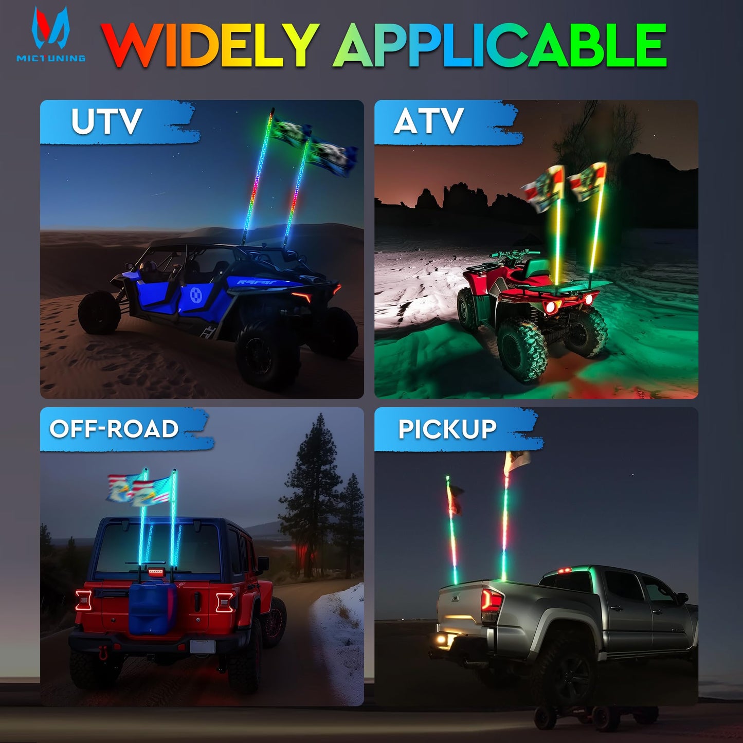 MICTUNING 2pc 3ft Spiral LED Whip Lights with 8 Flags, RF Remote and App Control, RGB Chasing Lighted with Rocker Switch, Music Synced Whips Lights Kit for UTV ATV Polaris RZR Can-Am
