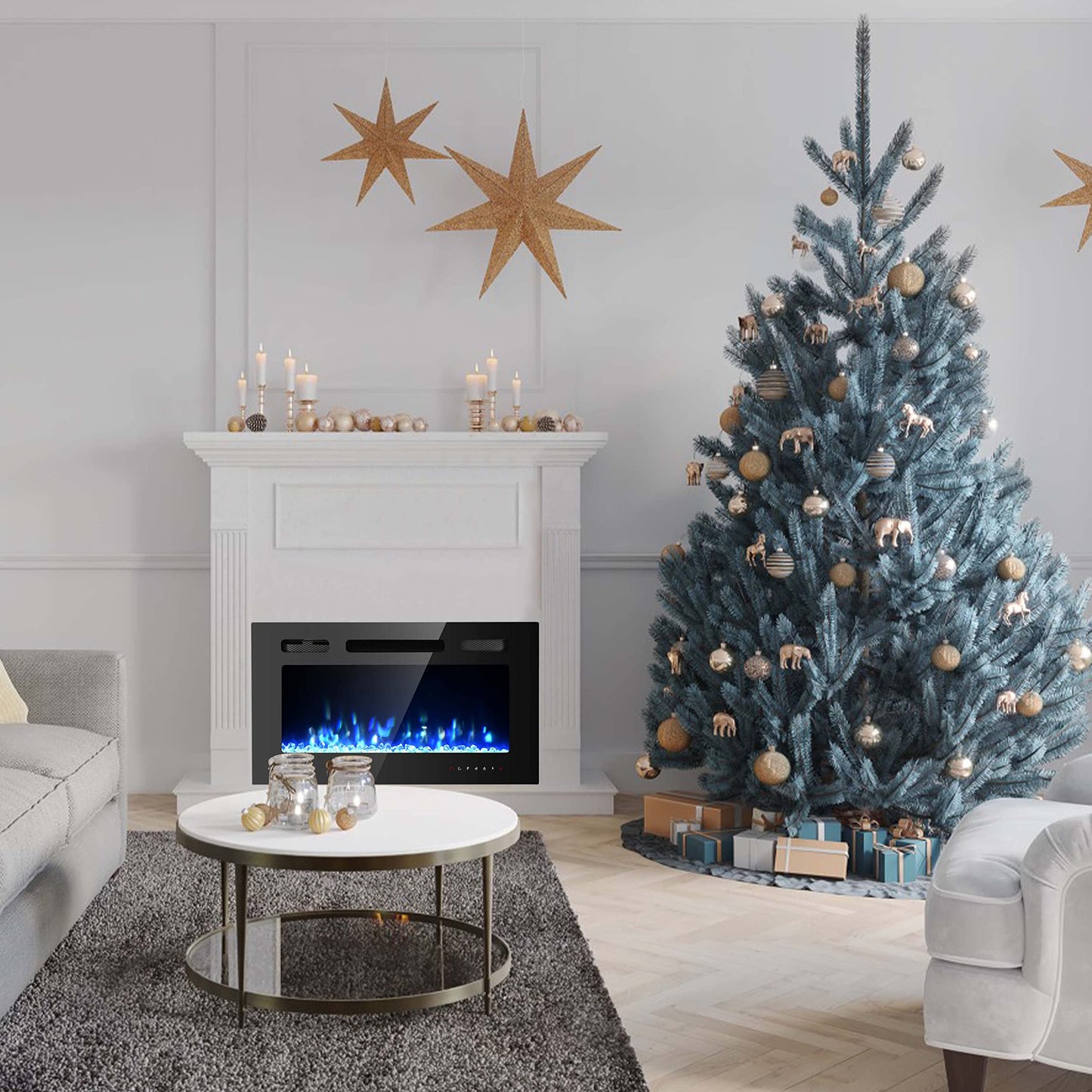 Cozy Daisy Electric Fireplace Heater,Wall Mounted and in-Wall Recessed,with Touch Screen, Realistic 12 Color Flame, Remote Controller/Log & Crystal Hearth Options,750W-1500W,Black (30 inch)