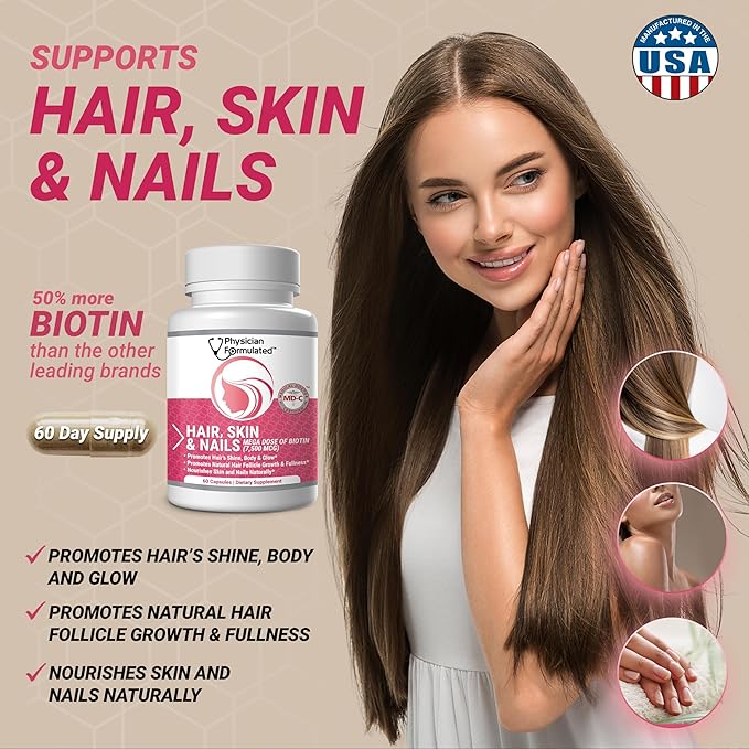 Healthy Hair Skin and Nails Vitamins for Men and Women - 7500 mcg Biotin, Amino Acids, Collagen and Hyaluronic Acid - 60 Capsules