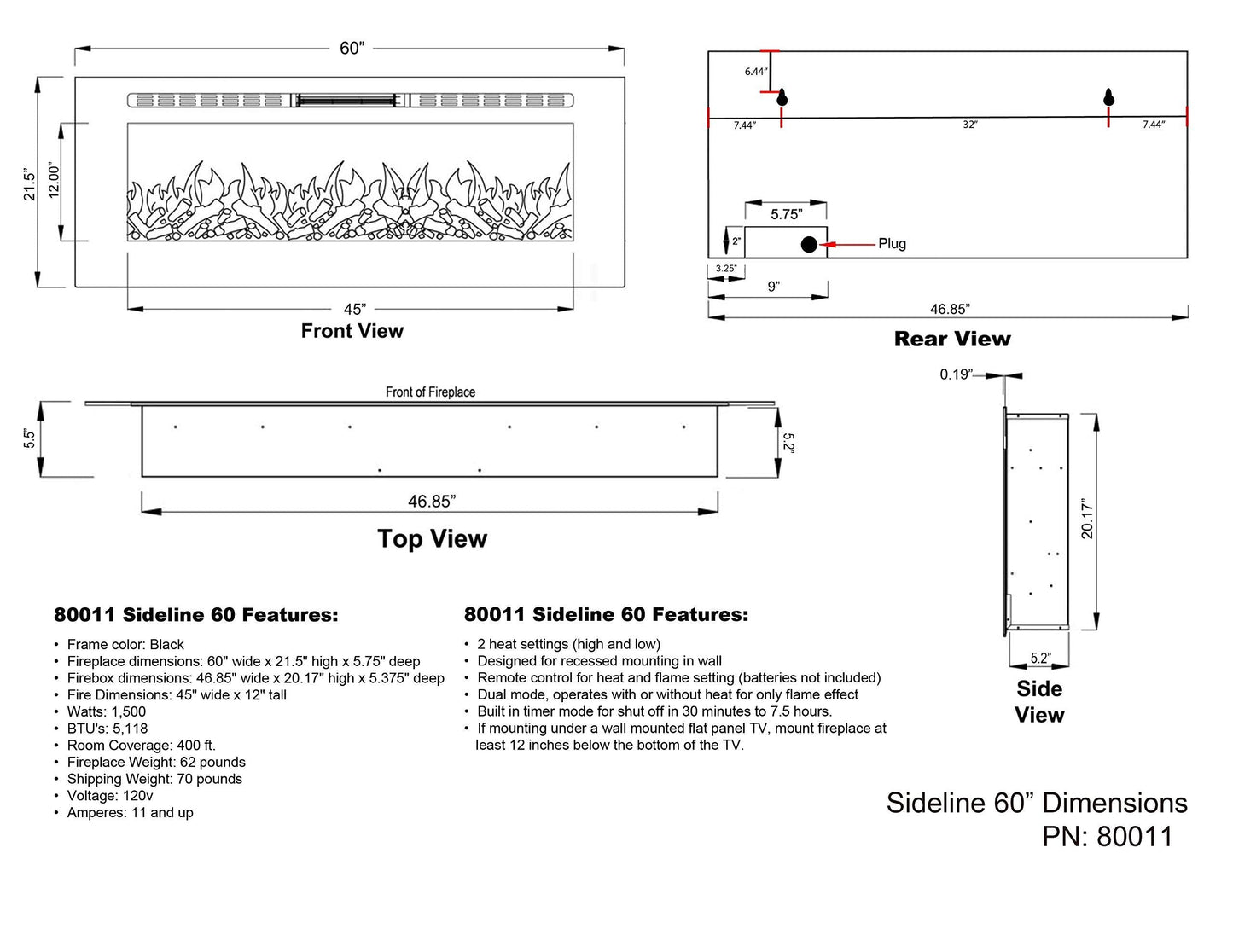 Touchstone Smart Electric Fireplace-The Sideline 60" Wide-in Wall Recessed - 30 Realistic Ember Color/Flame Options - 1,500W Heater w/Thermostat - Log & Crystal Hearth Options - Alexa/WiFi Enabled
