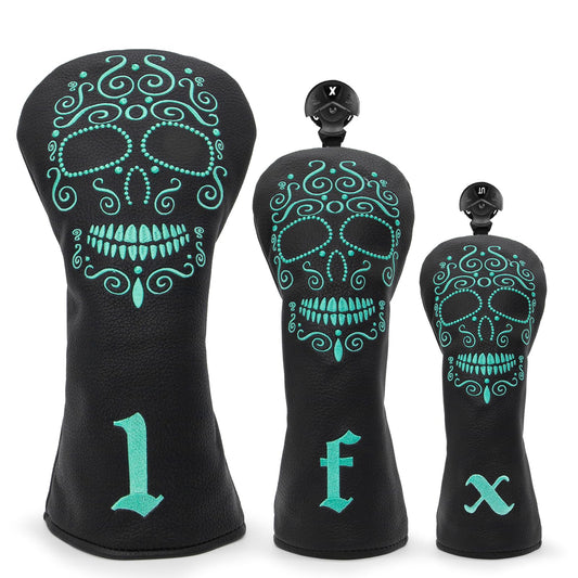Black Golf Club Covers Skull Embroidery Driver Headcover Fairway 3 Wood Headcover Hybrid Headcover for Your Selection fits for All Brands (for 1 F H(3pcs))