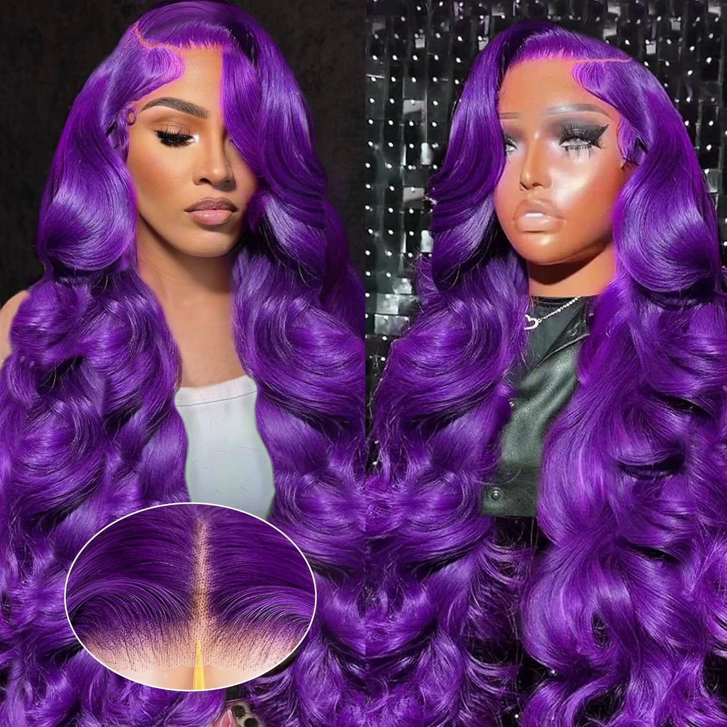 Glueless Purple Lace Front Wigs Human Hair for Women 5x5 Purple Body Wave Frontal Wigs 200% Density Pre Plucked HD Transparent Lace Closure Colored Human Hair Wig 18 Inch