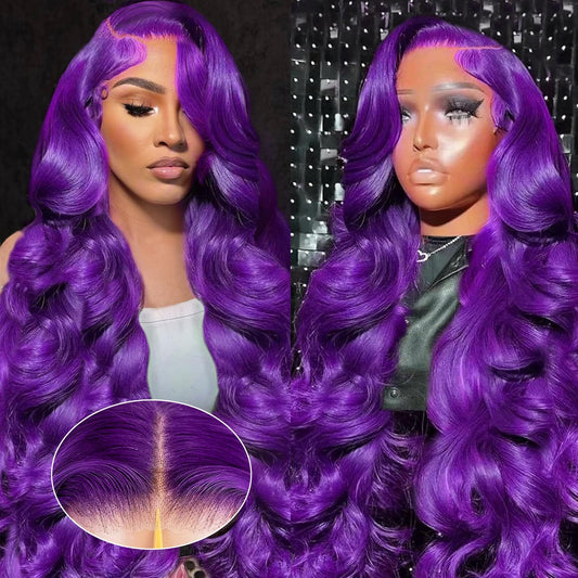 Glueless Purple Lace Front Wigs Human Hair for Women 5x5 Purple Body Wave Frontal Wigs 200% Density Pre Plucked HD Transparent Lace Closure Colored Human Hair Wig 18 Inch