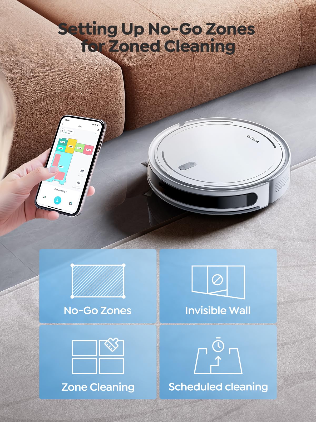 Vyzzle Robot Vacuum, 5000Pa Robot Vacuum and Mop, Smart Navigation, Ultra Slim Robot Vacuum Cleaner Self-Charging, Wi-Fi/App/Alexa Control, Ideal for Pet Hair, Hard Floor, Carpet