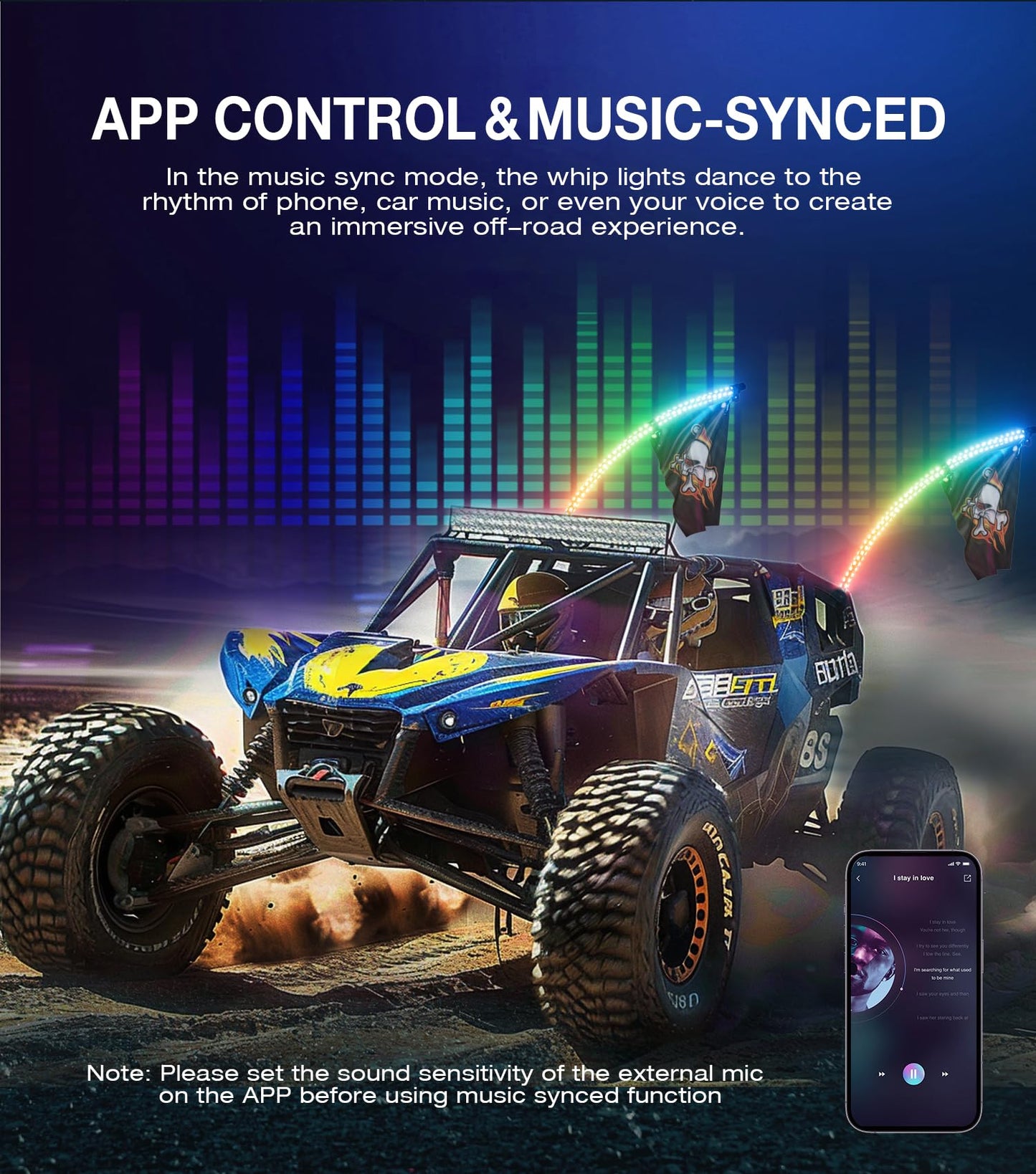 2 Pack 5FT Music Whip Lights - 366+ Chasing Modes RGB Lighted Whips with APP & Remote Control, Rocker Switch, Nylon Flags & Spring Base for UTV ATV Polaris RZR Can-Am SXS Truck