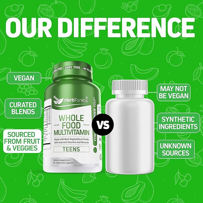 Herbtonics Whole Food Teen Vitamins for Energy, Focus & Immune Support - Multivitamin for Teenage Boys & Girls (12-18) with 62 Superfoods - Vegan, Plant Based, Non-GMO - 60 Easy Swallow Capsules