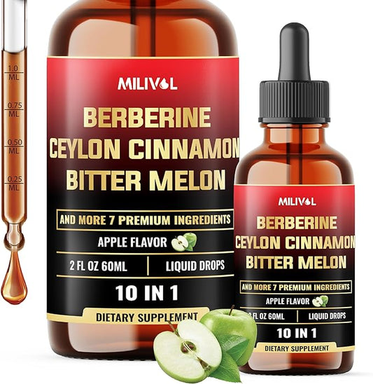 10in1 Liquid Drops Berberine with Ceylon Cinnamon Bitter Melon Turmeric Ginger Gymnema Sylvestre and More - 2 Fl Oz