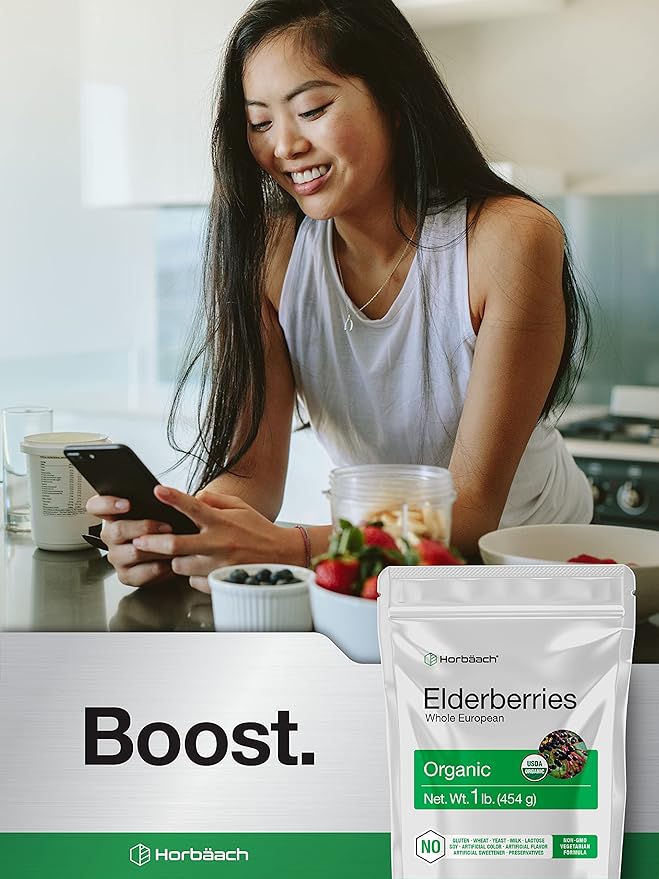 Horbäach Elderberries Dried Organic | 1 lb Bulk Bag | Whole European | Non-GMO, Gluten Free | Sambucus Nigra