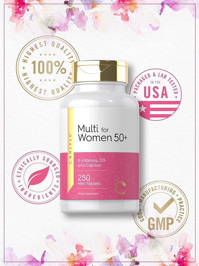 Carlyle Multivitamin for Women 50 and Over | 250 Mini Tablets | Iron Free Supplement | with B12, D3, and Calcium | Non-GMO, Gluten Free