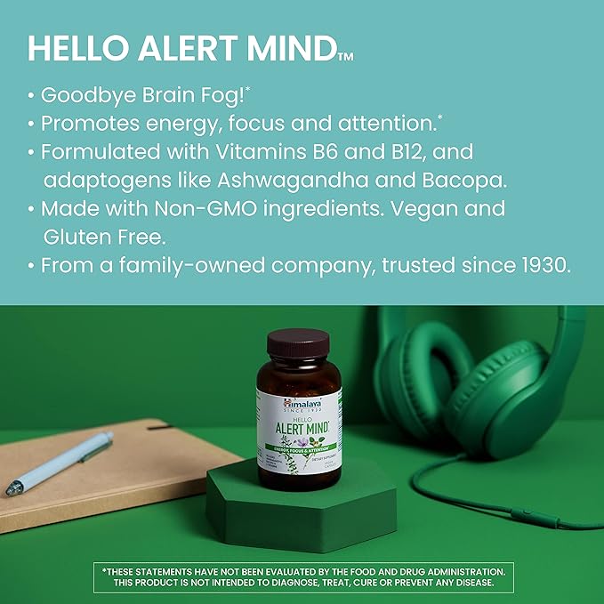 Himalaya Hello Alert Mind with L-Theanine, Ashwagandha, Bacopa, Vitamin B6 & B12, for Energy, Focus & Attention, Vegan, Gluten Free, 60 Capsules