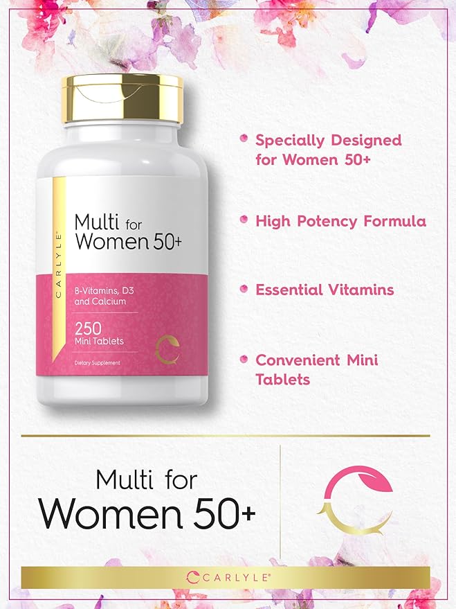 Carlyle Multivitamin for Women 50 and Over | 250 Mini Tablets | Iron Free Supplement | with B12, D3, and Calcium | Non-GMO, Gluten Free