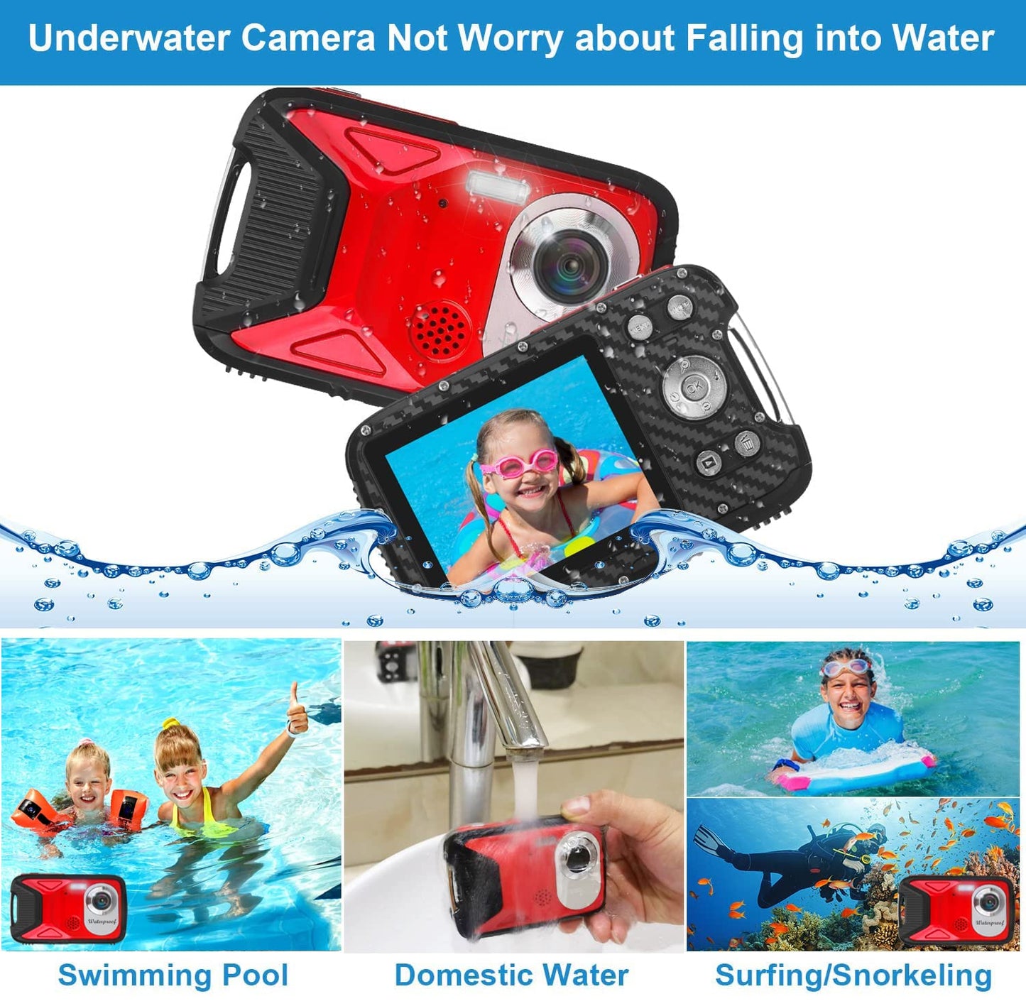 Waterproof Digital Camera with 32GB Card HD 1080P 36MP Underwater Digital Camera for Kids Teens Students Boys Girls(Red)