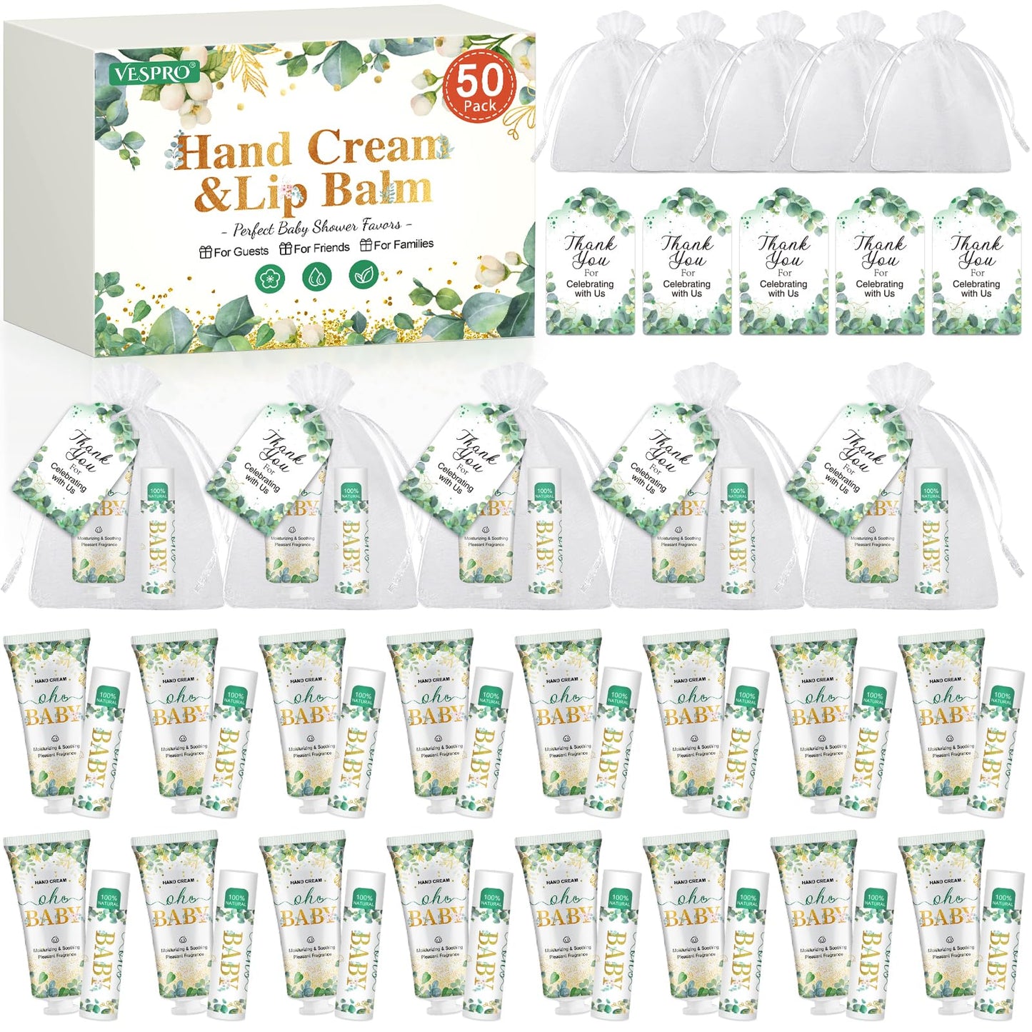 50 Pack Hand Cream Bulk and Lip Balm Bulk Gifts Sets, Baby Shower Favors and Bridal Shower Favors for Guests with Thank You Card and Organza Gift Bags, Thank You Gifts for Women (Oh Baby)