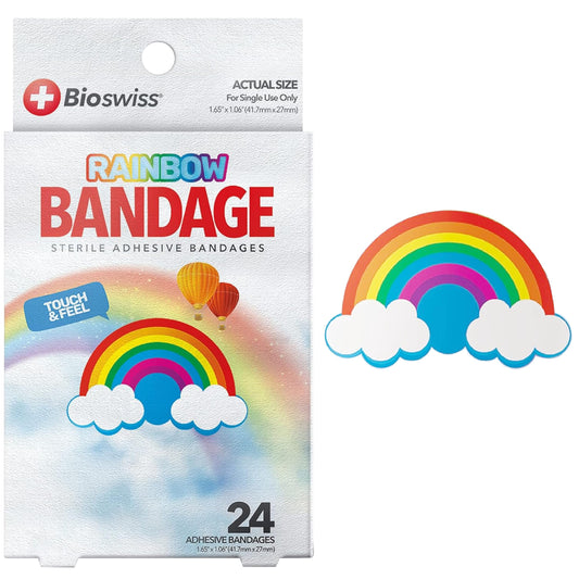 BioSwiss Bandages, Rainbow Shaped Self Adhesive Bandage, Latex Free Sterile Wound Care, Fun First Aid Kit Supplies for Kids, 24 Count